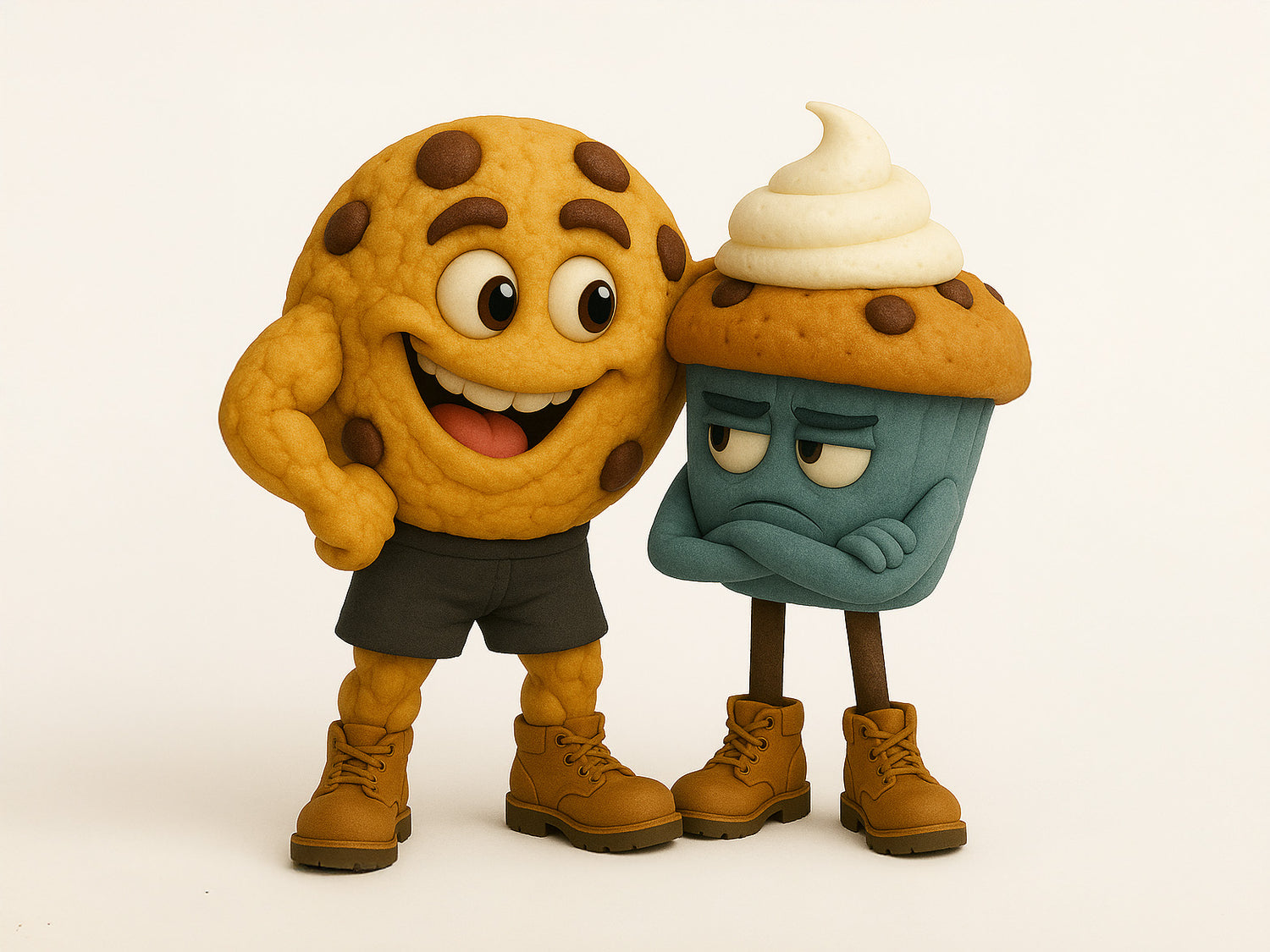 “Cookie with arm around grumpy muffin — Two Crumbs brand characters”