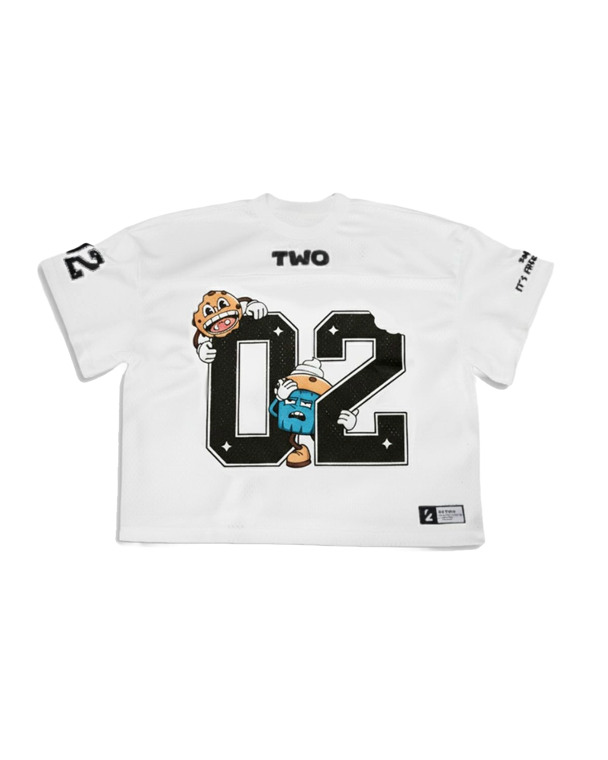 White jersey with cartoon characters and the number '02' on a white background