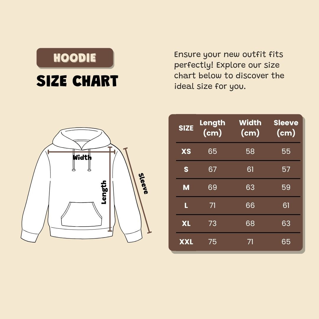 Two Crumbs oversized hoodie size chart with chest, body length, and sleeve measurements in centimeters.