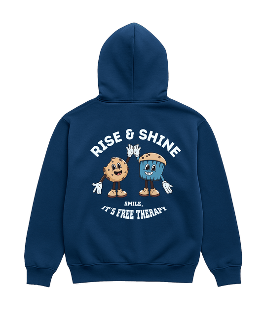 Blue hoodie with cartoon characters and text on the back