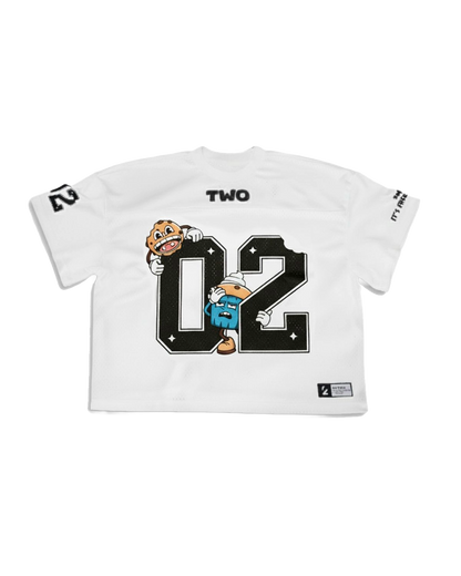 White jersey with cartoon characters and the number '02' on a white background