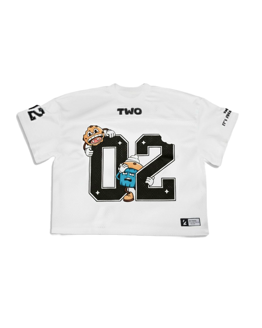 White jersey with cartoon characters and the number '02' on a white background