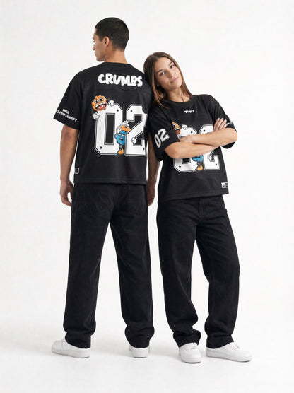 Two Crumbs mesh jersey tee in black — couple wearing oversized 02 mesh jersey, back-to-back hero shot