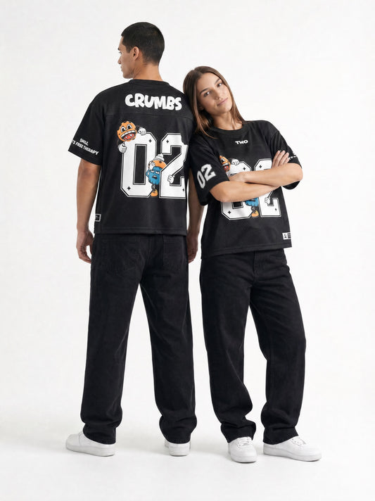 Two Crumbs mesh jersey tee in black — couple wearing oversized 02 mesh jersey, back-to-back hero shot