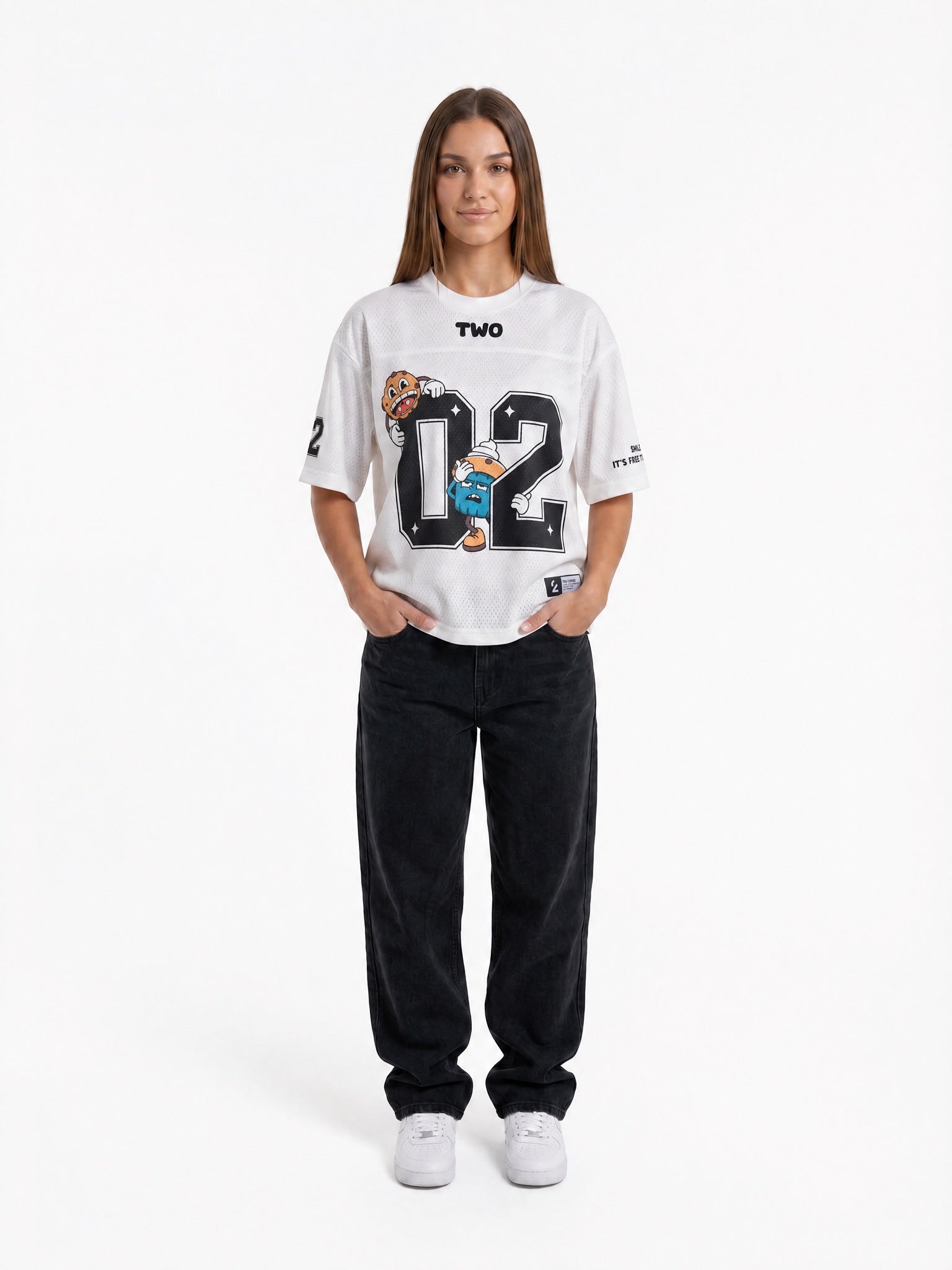 Two Crumbs mesh jersey tee in white — front view, oversized fit, sublimation print 02 graphic with Cookie and Cupcake mascots