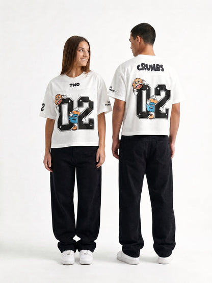 Two Crumbs mesh jersey tee in white — couple wearing oversized 02 mesh jersey, back-to-back hero shot