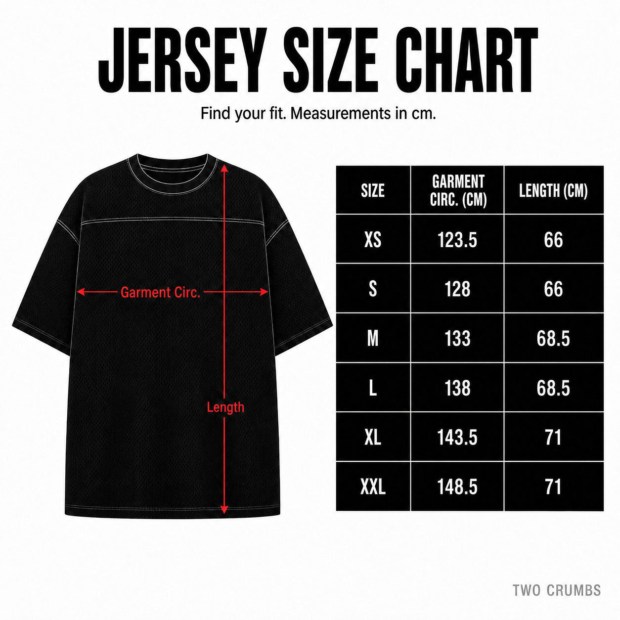 Two Crumbs black jersey size chart showing garment circumference and length in centimetres